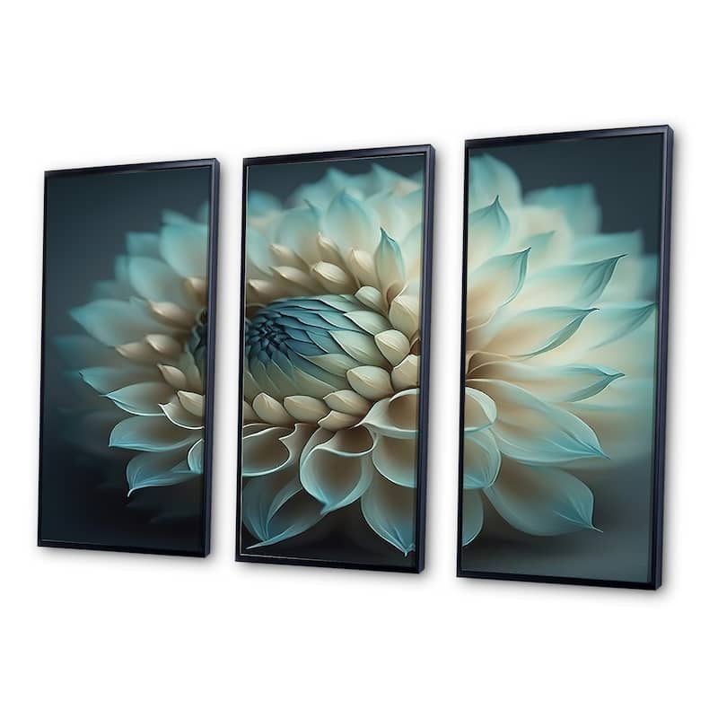 Designart "Blue And White Dahlia Flowers IV" Floral Dahlia Framed Canvas Art Print 3 Panels